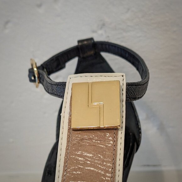 LAMB Lightning Bolt Black & Gold Metal Embellish T Strap Stiletto Sandals, 7/7.5 - Picture 4 of 16